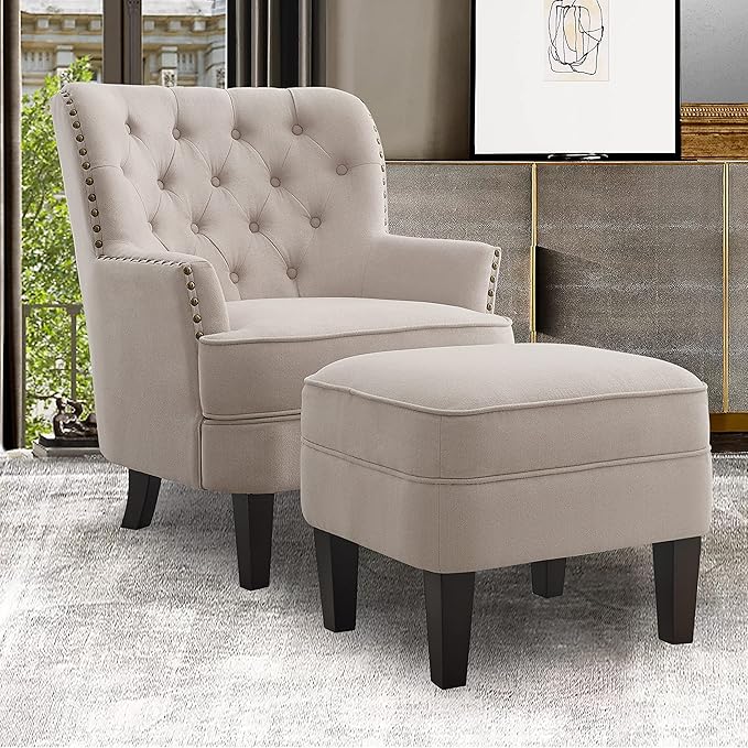 Rosevera Sausalito Living Room Furniture Reading Arm Comfy Small Accent Bedroom Chair and Ottoman Velvet Natural with Ottoman