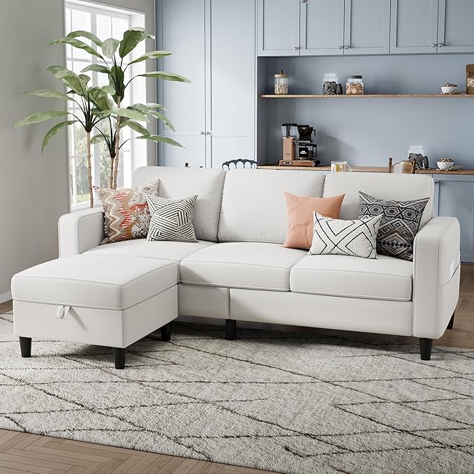 Sectional Sofa and Couches for Living Room 78'' Beige 3 Seat L-Shaped Couch with Movable Ottoman Comfy Linen Convertible Sectionals Sofas with Chaise for Apartment Dorm Small Space