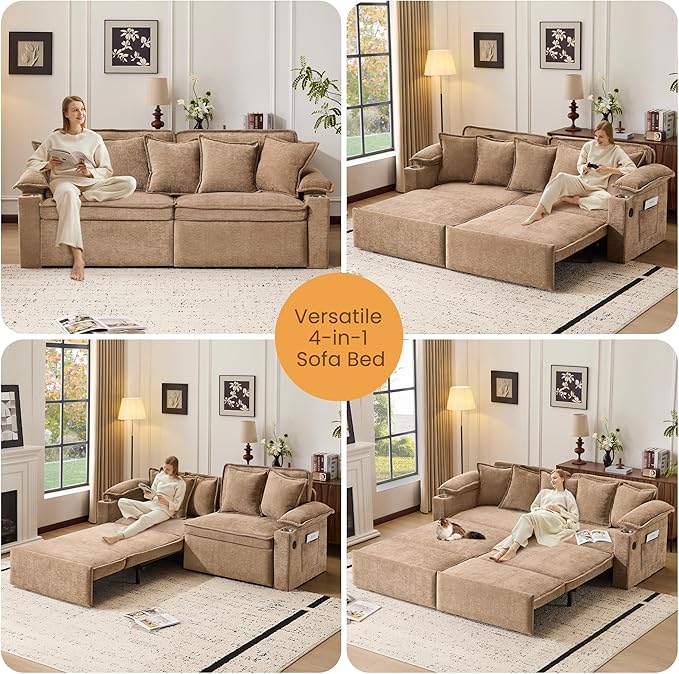 SUNWAVE 83 King Size Pull Out Sofa Bed 4-in-1 Convertible Sleeper Sofa Bed with USB Ports Cup Holders Side Pockets Corduroy Oversized Loveseat Chaise Lounge for Living Room Small Space