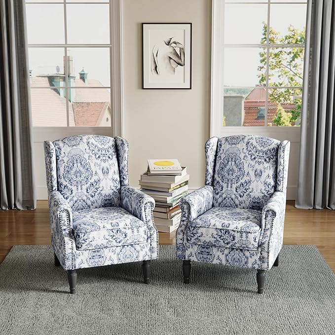 Lumibee High Back Accent Chair Set of 2 Armchair in FabricComfy Upholstered Wingback Single Sofa Reading Chairs with Solid Wood Legs for Living RoomBedroomOffice-Navy