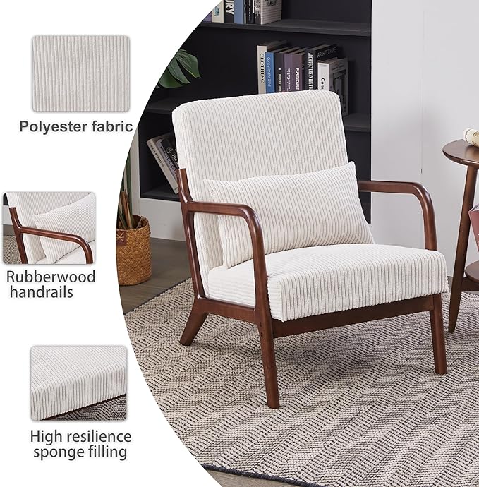JOYBASE Mid Century Modern Accent Chair Lounge Reading Armchair with Wood Frame for Living Room Office Bedroom (Polyester Fabric Antique Beige)