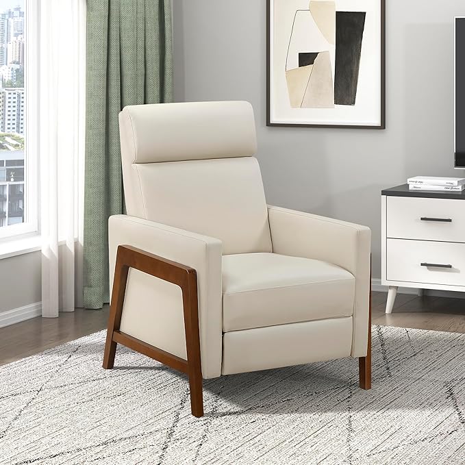 Lexicon Push Back Recliner Chair Faux Leather Upholstered Reclining Chair with Footrest Exposed Dark Brown Finish Wood Frame Small Recliner for Small Space Living Room Bedroom Light Beige