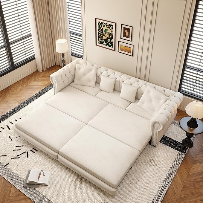 KEIKI 3-in-1 Velvet Chesterfield Sofa Bed with Ottoman Convertible King Size Sleeper Couch Rolled Arm Design Comfortable 3-Seater for Living Room or Bedroom Beige