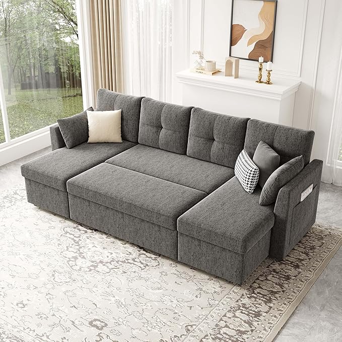 Oversized Sleeper Couch Sofa 110 inch 2 in 1 Pull Out Couch with Double Storage Chaise Sectional Sleeper Sofa Bed with Side Pocket for Living Room Dark Grey