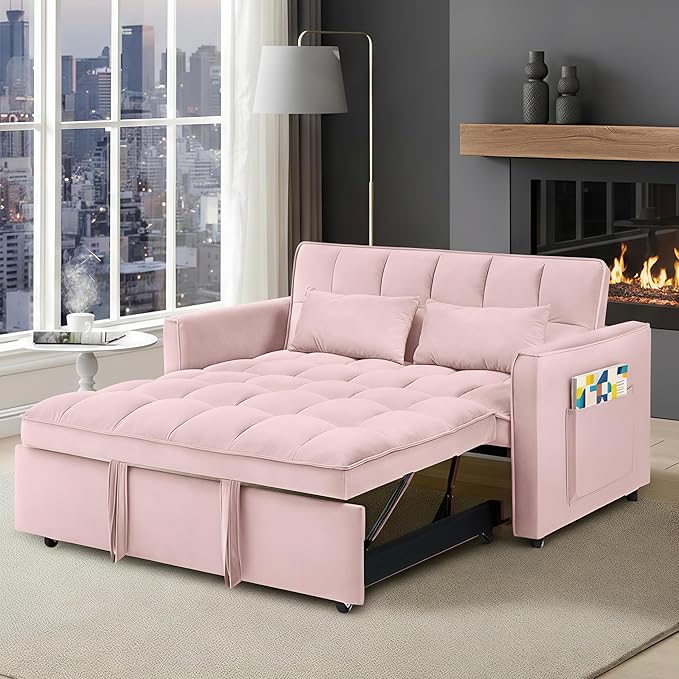 3 in 1 Folding Convertible Sofa Bed 55'' Pull Out Couch Bed with Side Pocket Velvet Fabric Loveseat Sleeper Sofa with Adjustable Backrest Easy AssemblyPerfect for Living Room Pink