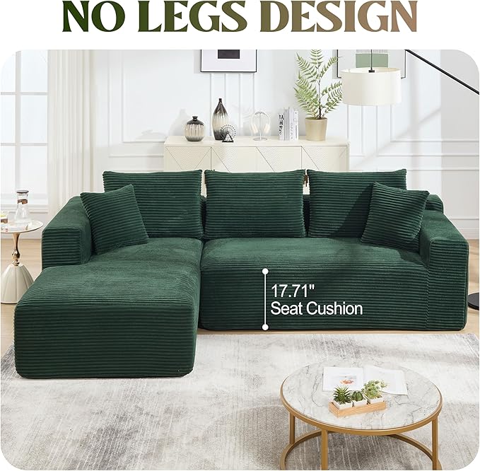 Sectional Sofa Couch Boneless Couches for Living Room Cloud Sofa with Oversized Chaise Corduroy Fabric L-Shaped Couch with Pillows No Assembly Required Left Facing Chaise Green