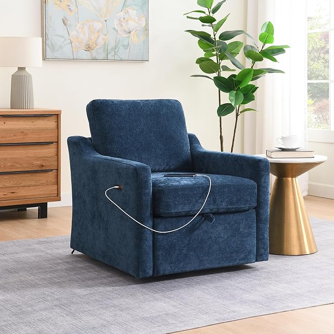 Swivel Accent Chair 360° Swivel Comfy Upholstered Seat for Living Room Bedroom Office with Hidden Storage &amp Dual USB-C Ports Chenille Fabric 300lbs Capacity Navy Blue