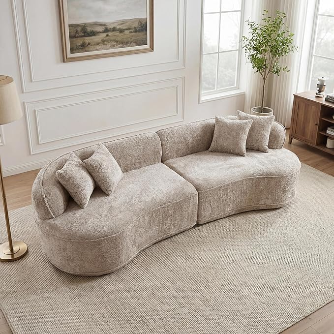 Oversized Sectional Sofa for Living Room 114 Modern Luxury Boucle Fabric Sofa 4-Seater Extra Deep &amp Wide Seat Curved Cloud Couch with 4 Throw Pillows Camel