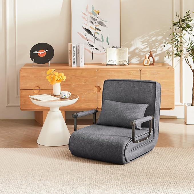 Foldable Chair Bed Comfortable Convertible Sofa Bed 5 in 1 Foldable Bed with 5 Adjustable backrests and Pillows Suitable for Comfortable Cushion Chair in The Office. (Grey+Linen+1Seat)