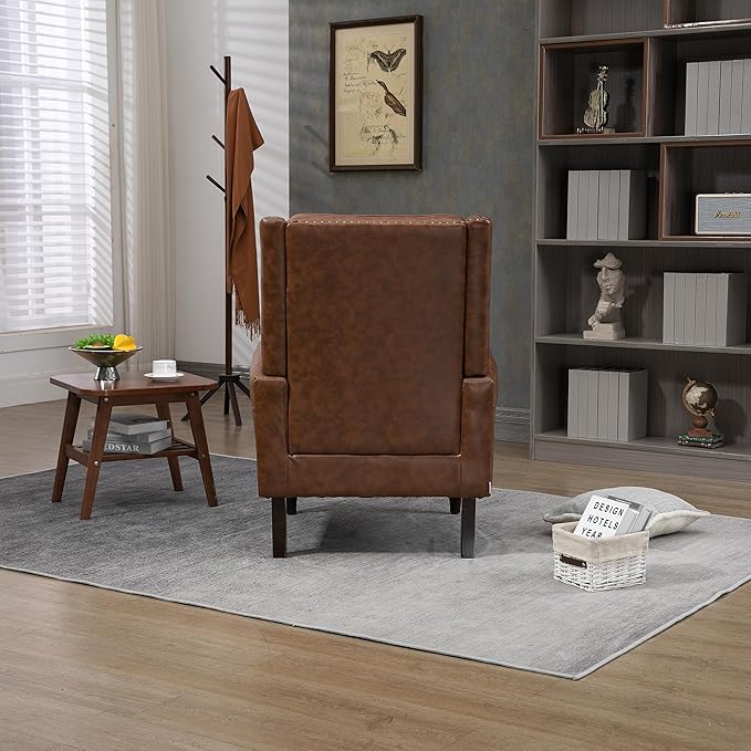 Bellemave Mid Century Wingback Chair PU Leather Button Tufted Upholstered Accent Armchair with Wood Legs Modern Living Room Chairs with High Back Leisure Single Sofa Chair for BedroomClub（Brown）