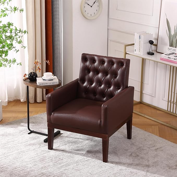 PU Leather Accent Chair Upholstered Lounge Sofa Armchair Comfortable Armchair with Wooden Legs in Log Color Modern Button Reading Chair for Bedroom Living Room Dark Brown