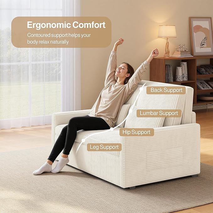 Ahomly Convertible Loveseat Sleeper Sofa Bed 3 in 1 Pull Out Couch Bed with 77.2'' Sleeper Length Corduroy Sofa with 8.7'' Ground Clearance for Living Room Bedroom Beige