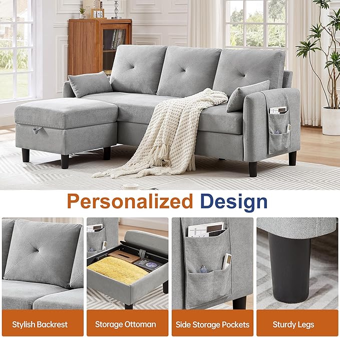 Sectional Sofa Set 77 Convertible Sofa &amp 45 Loveseat &amp 23 Chair Small 3 Seat L Shaped Couch with Storage Ottoman Modern Couches for Living Room Apartment Light Grey