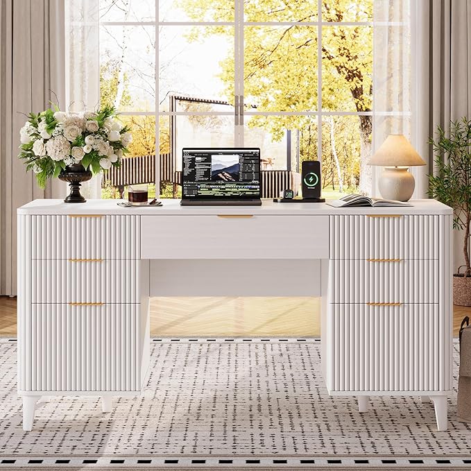55.1 Fluted Executive Desk with Drawers White Desk with Storage Cabinet Home Office Desk with Charging Station Farmhouse Desk with File Cabinet for Office Home