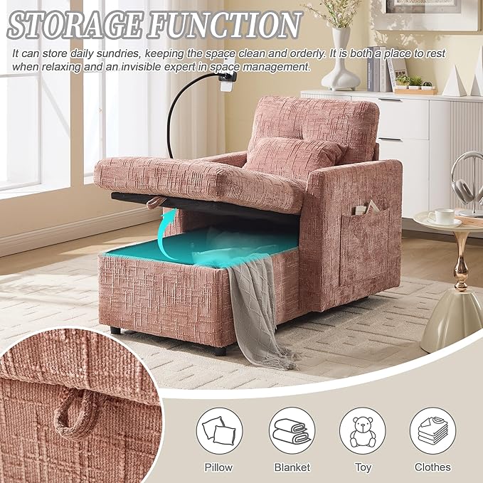 Multifunctional Recliner Sofa Chair with Storage Phone Holder &amp Adjustable Backrest Chenille Fabric Single Leisure Chair for Living Room Bedroom Small Spaces (Pink)