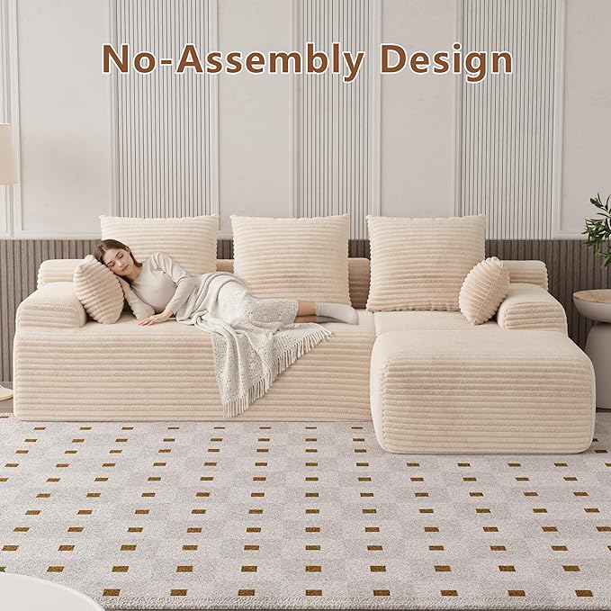 Boneless Couch Cloud Couch Sectional 106 L-Shape Modular Sectional Sofa with Ottoman Corduroy Sofa for Living Room Bedroom No Assembly Required Beige