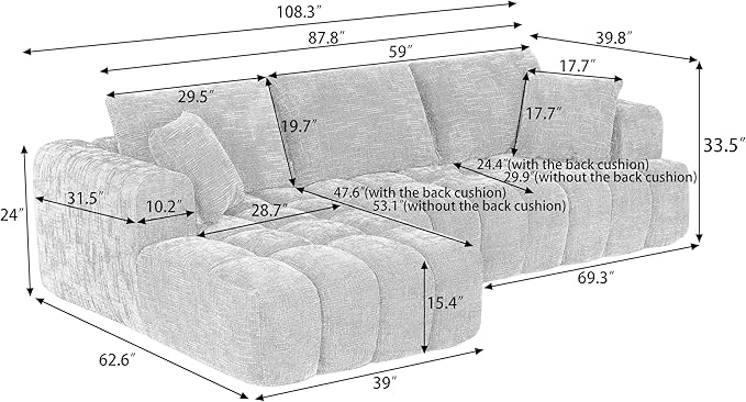 Khaki 108 Modular Sectional Sofa with Left Facing Chaise L Shaped Couch with Deep Seat Cloud Foam Couch Plush Chenille Sofa No Assembly Needed for Living Room