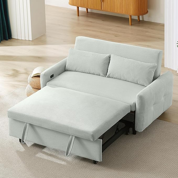 Pull-Out Sofa Bed Convertible Couch 2 Seat Loveseat Sofa Corduroy Fabric Upholstered Sleeper Sofa with 2 Throw Pillows and USB Ports for Living Room Office Apartment (Pale Green)