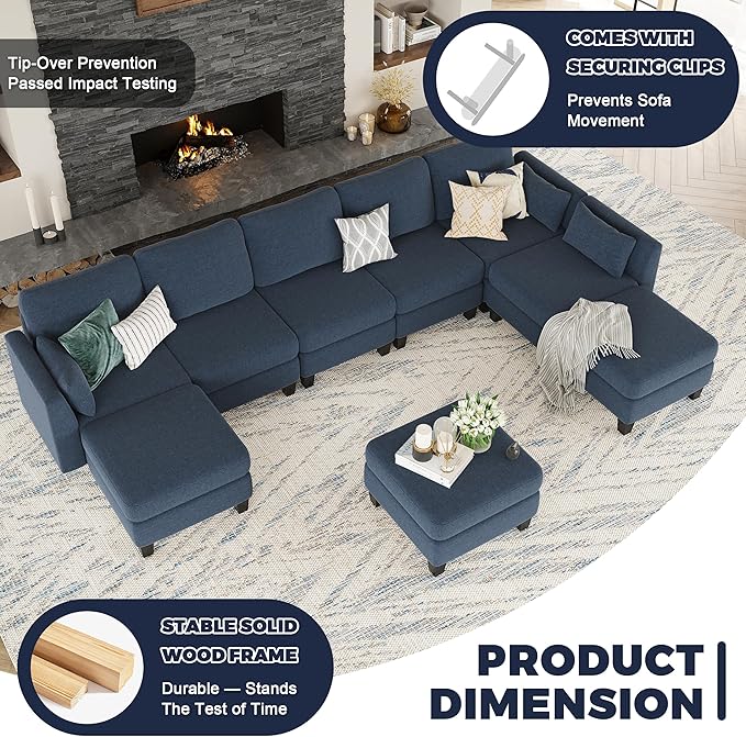 Modular Sectional Sofa 6 Seaters Modular Sleeper Sofa Couch Comfy Sectionals Couches Bed Convertible Sofas with Ottomans Sectional Couches for Living Room Blue