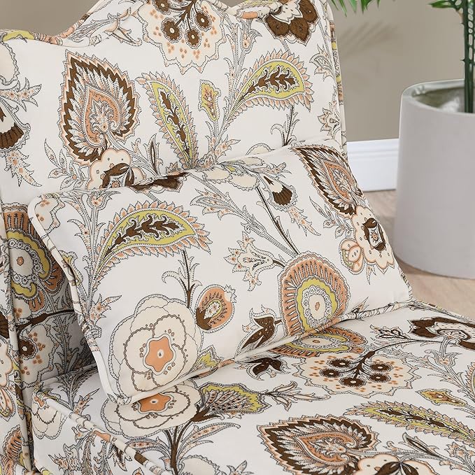 TTK Flannel Upholstered Accent Chair - Retro Single Sofa Chair with Floral Pattern Armless Lounge Chair with Removable Cushion &amp Pillow Comfortable Dining Chair for Living Room (Brown)