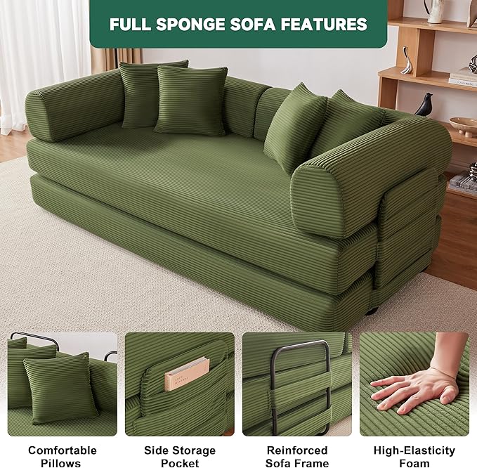 79 Oversized Boneless Couch with 4 Pillows5 in 1 Convertible Sleeper Futon Sofa Bed with Deep SeatCorduroy Foldable Modular Floor Pull Out Couch for Living RoomNo AssemblyGreen