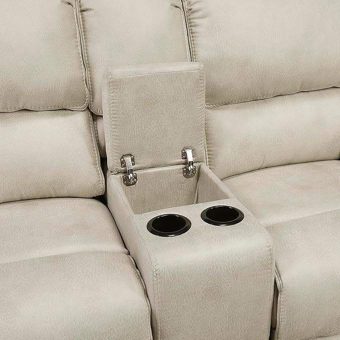 Lexicon Manual Double Reclining Loveseat with Center Console Polished Microfiber Wall Hugger Loveseat Recliner for Living Room Cup Holders Foam Over Pocket Coils Seats Pillow Top Arms Sand