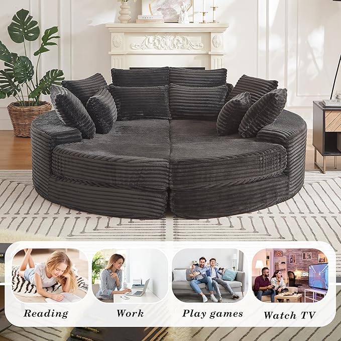 78.5 Corduroy Boneless Round Oversized Sofa Converts into Two Recliners 2-in-1 Sofa Bed Convertible Lounge Chair Neck Pillow Design with Five Throw Pillows (Black Full Circular Sofa)