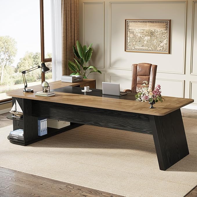 Tribesigns 79-Inch Executive Desk Large Office Desk with Cabinet L-Shaped Compter Desk with Storage Shelves Writing Table for Home Office Natural Oak and Black