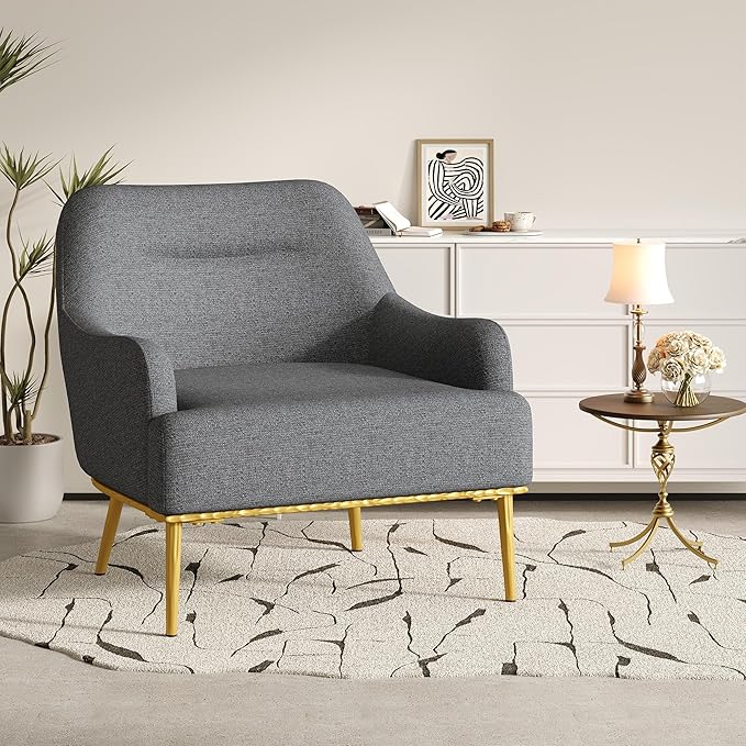 Modern Accent Chair with Curved Backrest Chenille Fabric Upholstered Armchair with Gold Metal Legs Single Sofa Chair for Living Room Reading Corner (Dark Gray14)