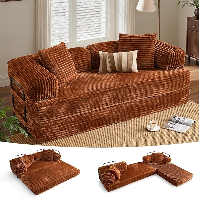 ovios 81 Folding Sofa Bed Foldable Sleeper Boneless Couch with Pull Out Beds Modular Convertible Floor Futon Loveseat Lounger for Living Room (Faux Fur Brown)