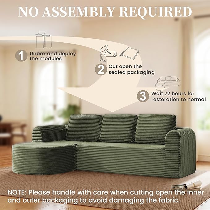 108” Modular Sectional Sofa Boneless Couches for Living Room Deep Seat L-Shape Cloud Couch with ChaiseComfy Sofa Freely Change Configurations No Assembly RequiredSoft Plush Corduroy Fabric(Green)