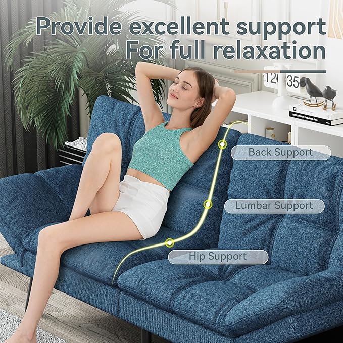 Futon Sofa Bed Convertible Couch Blue Linen Sofa Bed with Memory Foam Adjustable Backrest &amp Armrests Multifunctional Small Loveseat Sleeper Sofa for Living Room Apartment Office