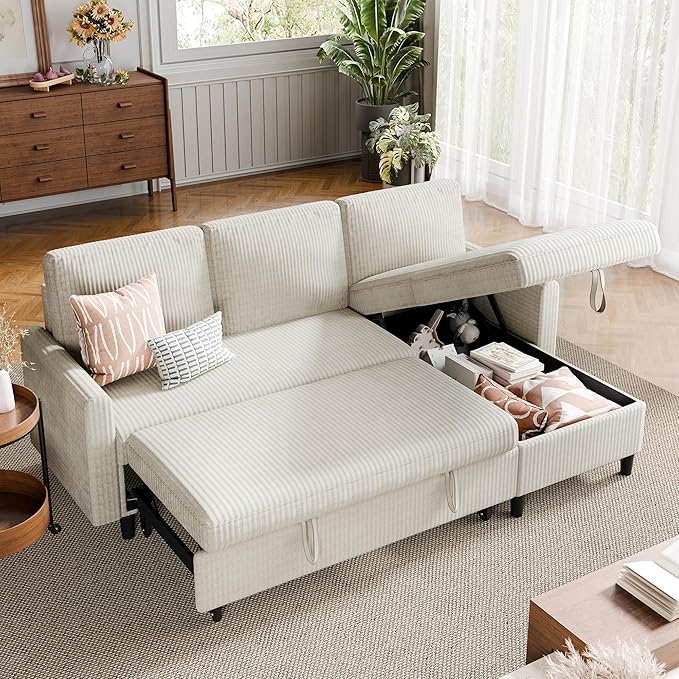 Nuturelly Sectional Sofa Couch Bed L Shaped Sleeper Sofa Bed Pull Out Bed with Storage Reversible Sectional Couches for Living Room Apartment Office(White)