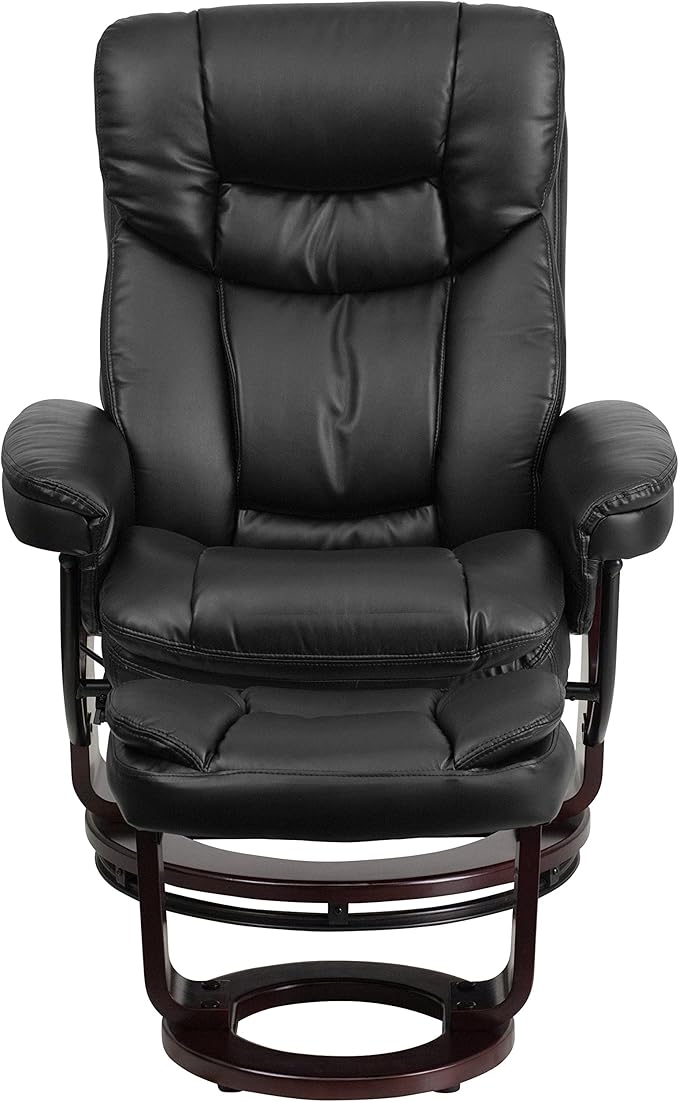Flash Furniture Allie LeatherSoft Upholstered Recliner with Footrest Arms and Headrest Padded Swivel Recliner Chair and Ottoman Set Black