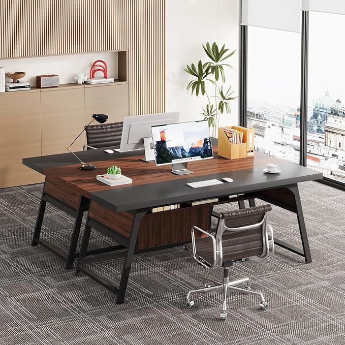 63-inch Executive Desk with Storage Shelf Large Home Office Desk with Metal Frame &amp LED Light Long Computer Desks for Home Office Walnut and Black