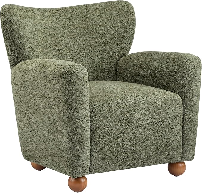 Christopher Knight Home Lindy Wingback Accent Chair Upholstered Armchair with Rounded Wooden Legs Curved Backrest Single Sofa Soft Cushion Seating Comfy Lounge Chair for Living Room Olive Green