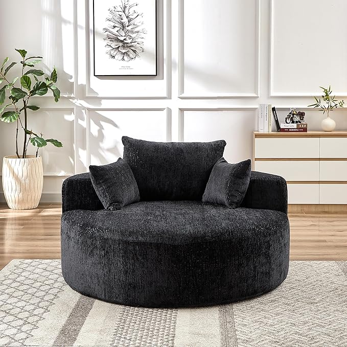 Oversized Round Chaise Lounge Chair Indoor 55'' Chenille Deep Seat Circle Single Floor Sofa Chairs Modern Upholstered Sponge Armchair Cloud Sleeper Chair for Living Room Bedroom Apartment Black