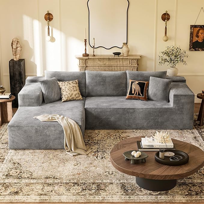 YESHOMY Boneless Couches for Living Room 108 Sectional Modular Sectional Sofa with Deep Seat Cloud Comfy Couch with L-Shape Chaise Easy Assembly (Corduroy Gray)