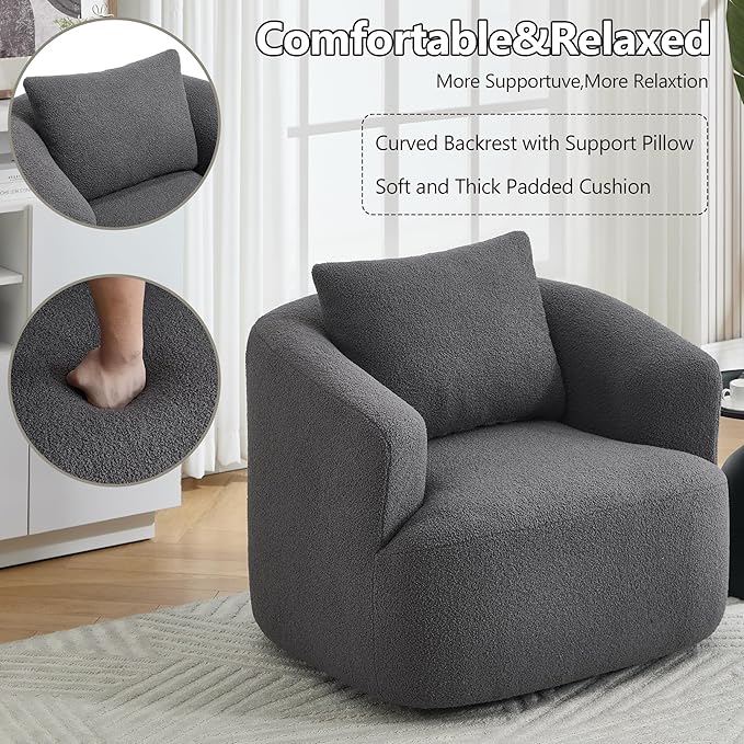 PELUMY Swivel Accent Chair Modern Round Barrel Chair Soft Teddy Fleece Fabric Swivel Chair for Living Room 360 Rotating Small Space Comfort Reading Chair No Tools Assembly (Dark Grey)