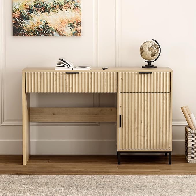47 Home Office Desk with Fluted Drawers Wood Exectuive Desk with Storage Cabinet Charging Station Metal Legs Modern Farmhouse Computer Desk for Work Study Light Oak