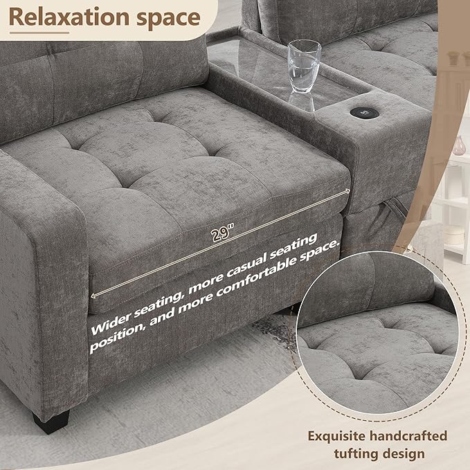 104'' Sectional Sofa with Acrylic Table TopChenille U Shaped Couch Set with 2 ConsolesUSB ChargerStorage Drawers and PocketsMovable OttomanTufted Sofa for Living RoomApartment Gray