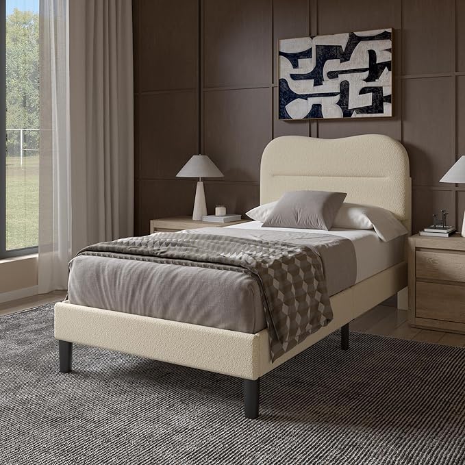 Twin Bed Frames with Headboard Upholstered Bed Frame Twin Teddy Soft Boucle Fabric Twin Size bedframes Soft Cloud Marshmallow Shape Upholstered Headboard No Box Spring Needed Noise Free (Beige)