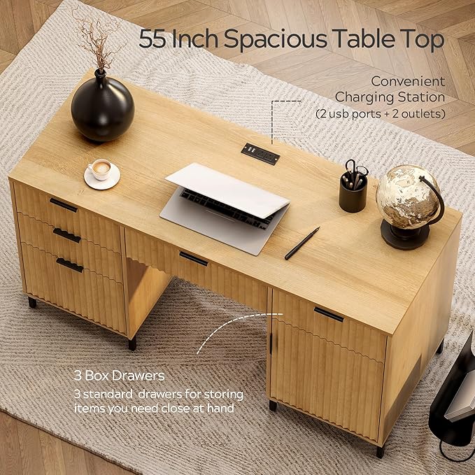 55 Fluted Executive Desk Modern Wood Home Office Desk with Charging Station Keyboard Tray File Drawer Storage Cabinet Computer Writing Desk for Work Study Writing Natural Oak