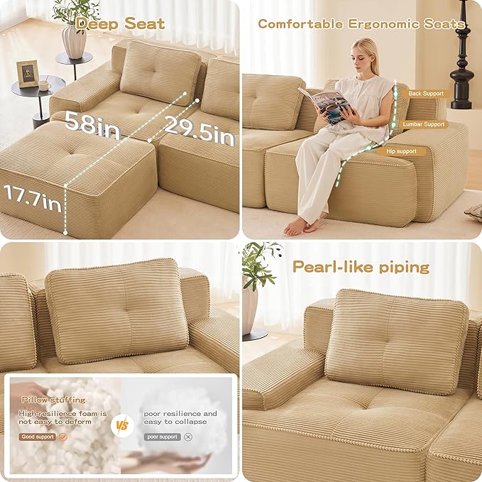 117'' Boneless Couch Modular Sectional Sofa Modern L Shaped Sectional Couches for Living Room with Deep Seat and Ottoman Comfy Corduroy Cloud Couch Oversized 3-Seater Sleeper Sofa Camel