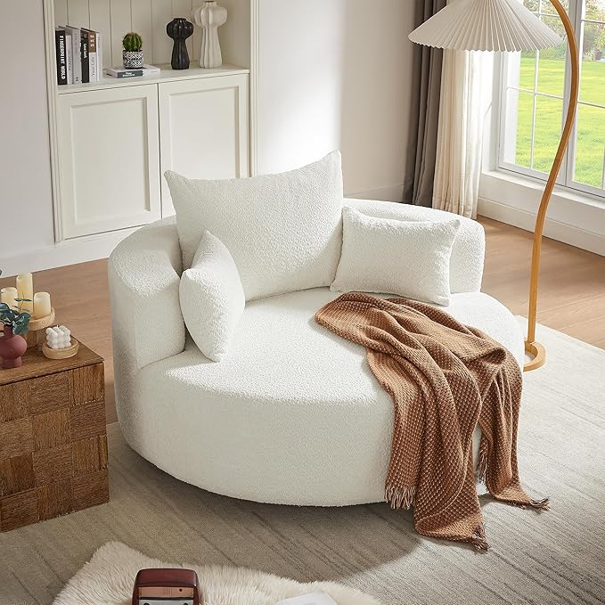 360° Swivel Chair Accent Chair with 3 Removable Pillows Modern Chenille Fabric Barrel Chair Swivel Round Sofa Chair for Living Room Bedroom Office and Hotel (Beige/96)