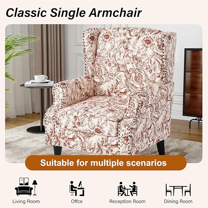 Wingback Accent Chair High Back Upholstered Armchair Printed Fabric Wingback Arm Chair with Wood Legs Single Sofa Reading Chair for Bedroom Living Room Rococo Orange