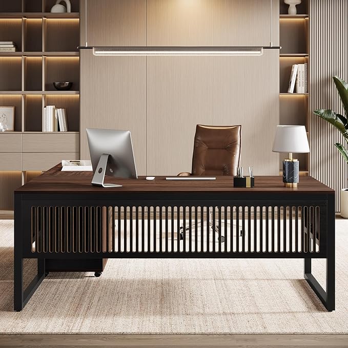 Tribesigns 63-Inch L-Shaped Executive Desk with Mobile File Cabinet Large Office Computer Desk Business Furniture Table with Drawers and Storage Shelves for Home Office Dark Walnut &amp Black