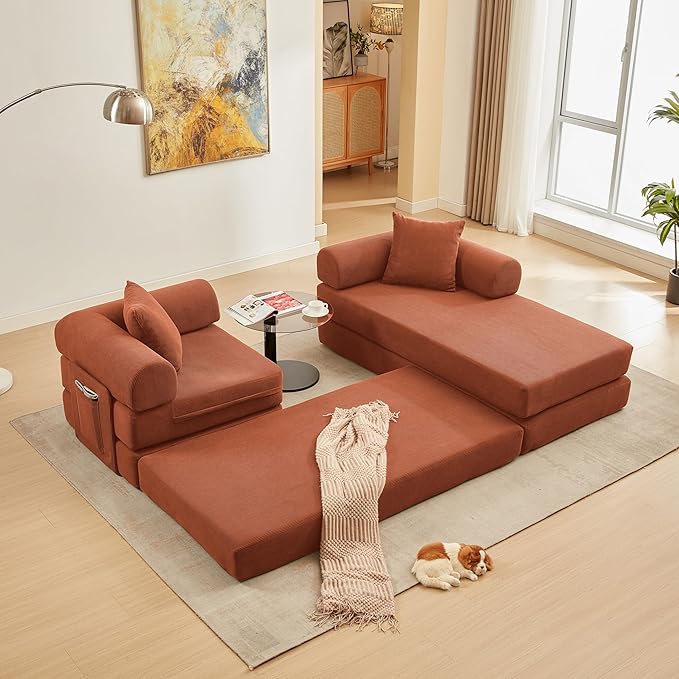 L Shaped Modular Sofa Bed with Cylindrical Pillow &amp Reversible Chaise Corduroy Folding Floor Convertible Sofa Couch Bed with Fixed-Shape Frame &amp Storage Pocket for Living Room Orange