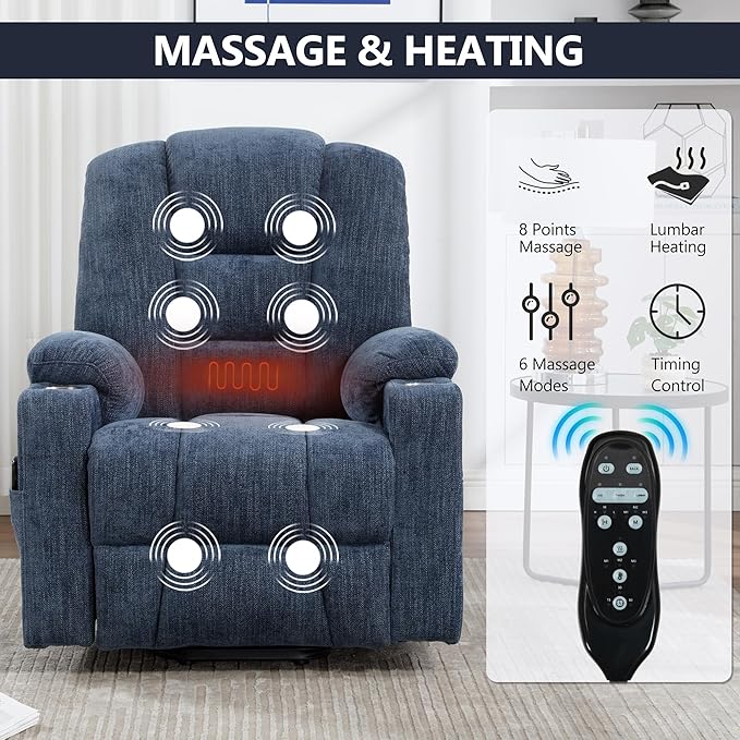Power Lift Chair with Massage &amp Heat Electric Recliner Chairs for Adults Remote Control Living Room Sofa Standing Assistance USB Ports Stainless Steel Cup HoldersChenille Blue