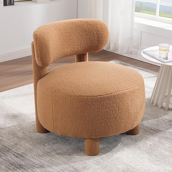 Dgcoab Upholstered Club Chair Curved Back Accent Single Sofa Solid Wood Legs Comfort Single Reading Lounge Sofa Boucle Accent Chair for Living Reading Bedroom Brown